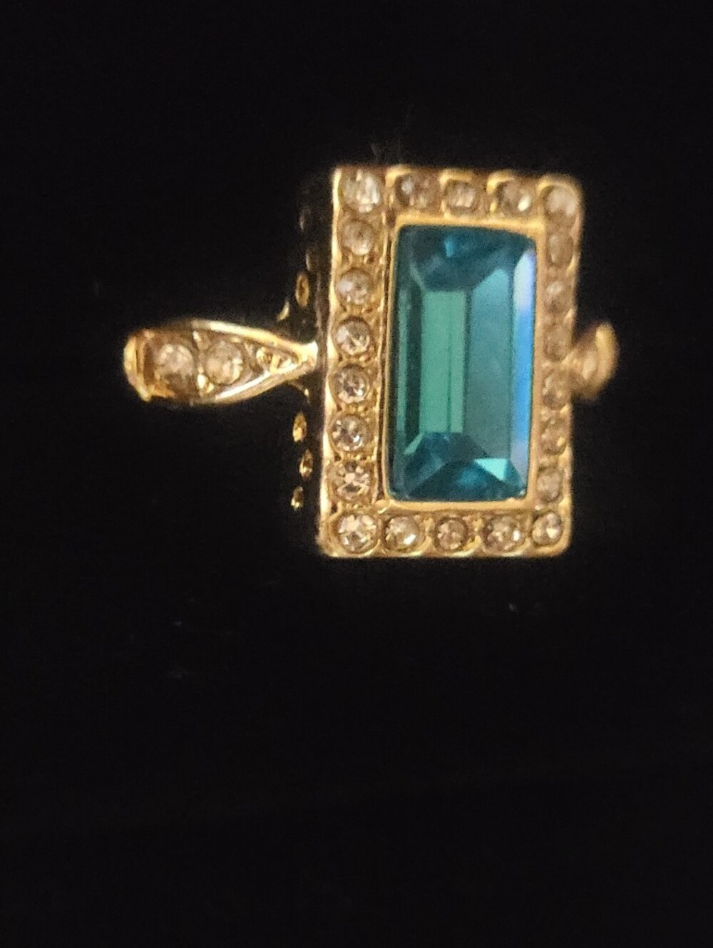 Vintage Style Blue Topaz Color Statement Ring Rectangular Halo Gold Tone